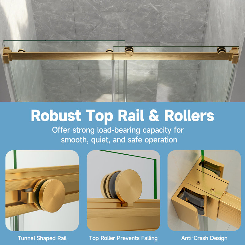 44"-48" W x 76" H Double Sliding Frameless Shower Door with 5/16" (8mm) Crystal Clear Tempered Glass, Brushed Gold
