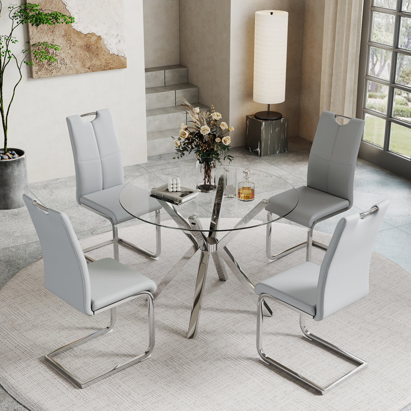 35.4" Modern Tempered Glass & Metal Dining Table Set For 2-4, PU Leather Upholstered Armless Chairs, Easy Clean & Luxury Look