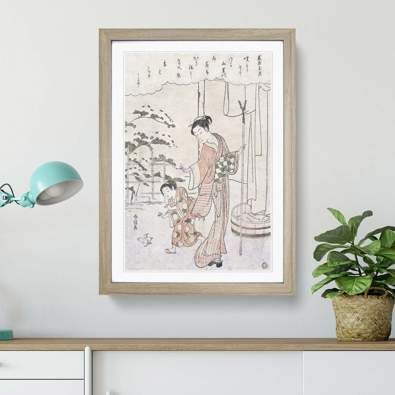 Mother & Child by Harunobu Suzuki - Framed Print, 36cm H x 27cm W x 2cm D, Oak Framed