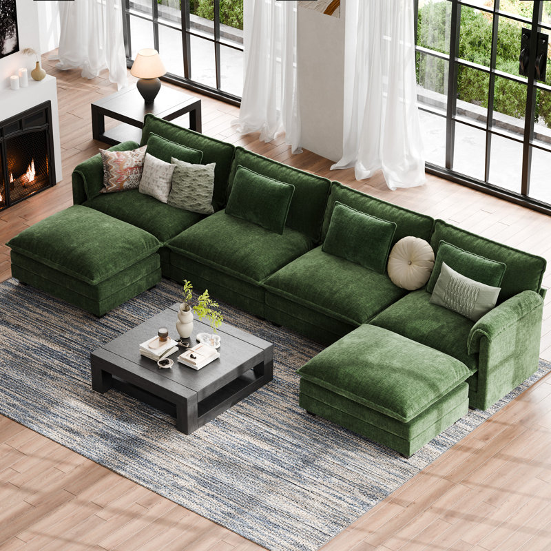 6-Piece 150'' U-Shaped Comfy Cloud Modular Sectional Sofa With Removable Ottomans-Chenille Fabric-Green, Green Chenille