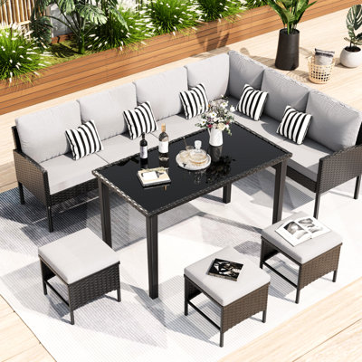 Mobilier d'extérieur gris 7 places pour la terrasse, sièges confortables à haut dossier, coussins de 2,5 po d'épaisseur, patio contemporain toutes saisons avec design ergonomique, cadre imperméable, siège pour 10 personnes ou plus