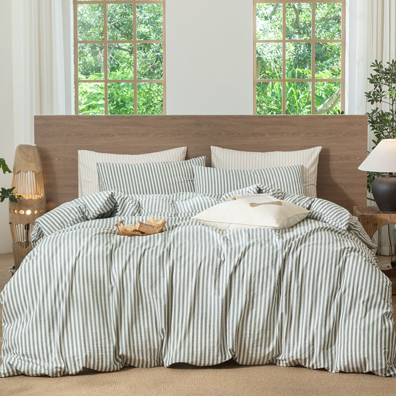 MooMee Striped Duvet Cover Set 100% Washed Cotton Linen Like Textured, California King Duvet Cover + 2 King Pillowcases