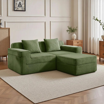 Compression Modular 2 Seat L Shape Sectional Boneless Sofa With Throw Pillows And 1 Movable Ottoman Corduroy