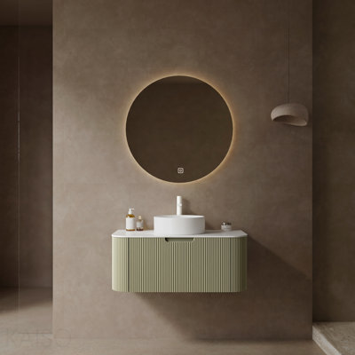 Meuble-lavabo de salle de bain 36 po avec lavabo, meuble-lavabo mural moderne à bords arrondis et courbes avec tiroir, lavabo rond en céramique blanc sans robinet, pré-assemblé, couleur vert clair