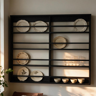 Étagère murale vintage en bois massif noir pour cuisine, salon