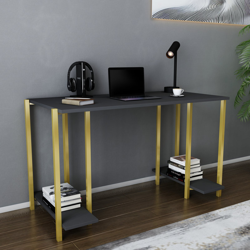Academy Desk Metal Base Writing Desk, Black/Gold