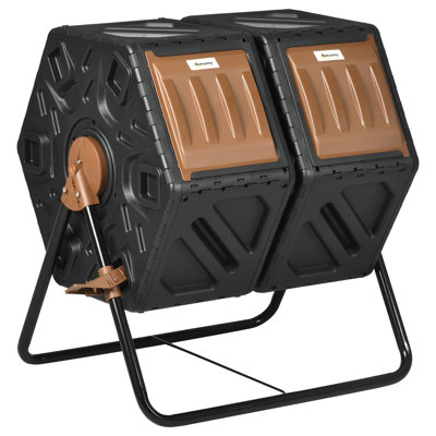 Bac à compost à deux chambres Outsunny, composteur culbuteur d'extérieur avec 24 ouvertures de ventilation et pieds en acier, 34,5 gallons