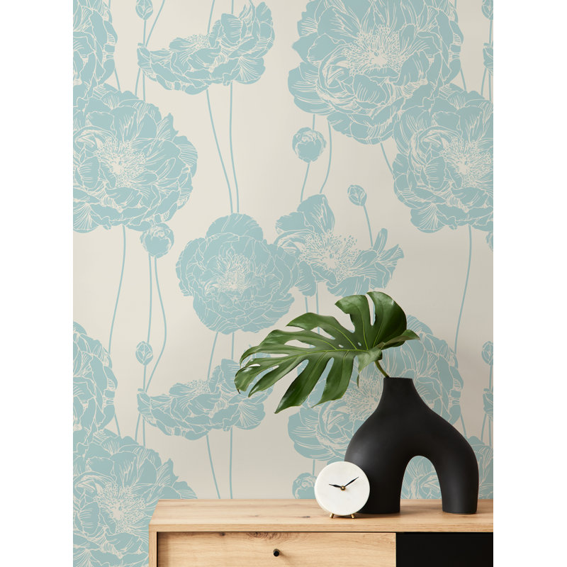 Rouleau de papier peint adhésif L 18 pi x l 24 po Latundra Peony, Bleu menthe