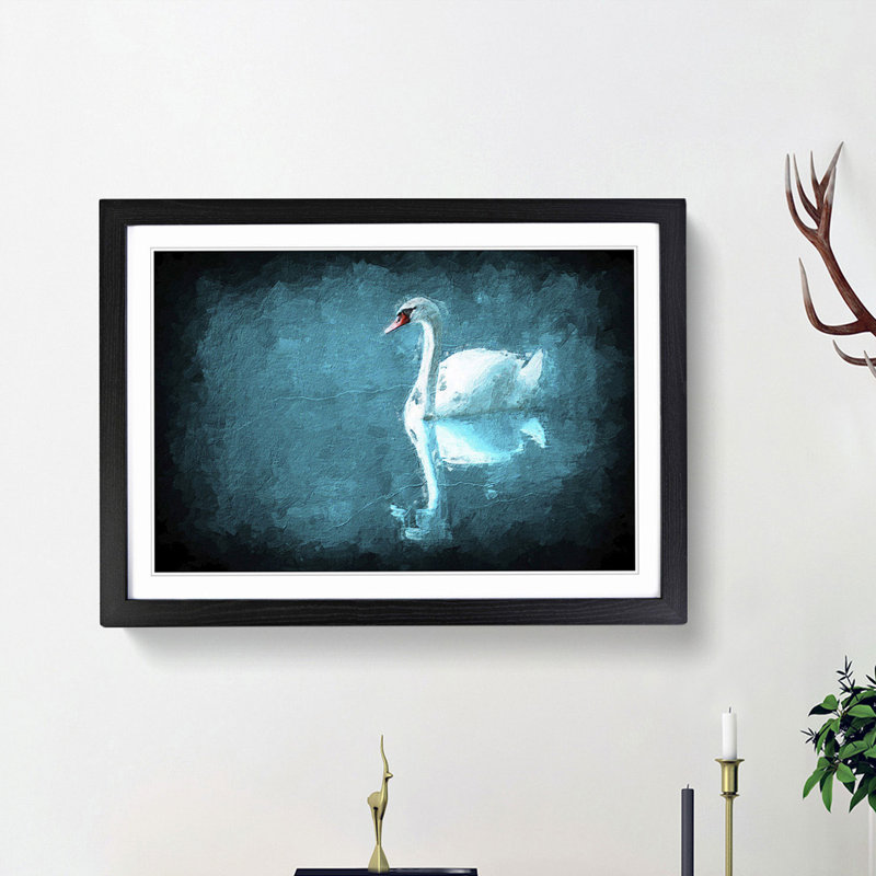White Swan on a Blue Lake in Abstract - Picture Frame Painting Print, Black Framed, 48cm H x 65cm W x 2cm D