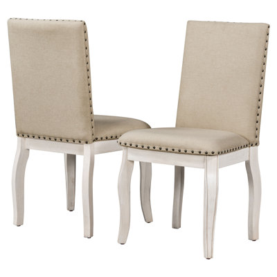 Ensemble de 2 chaises de salle à manger en bois massif avec sièges rembourrés TREXM, finition blanc antique