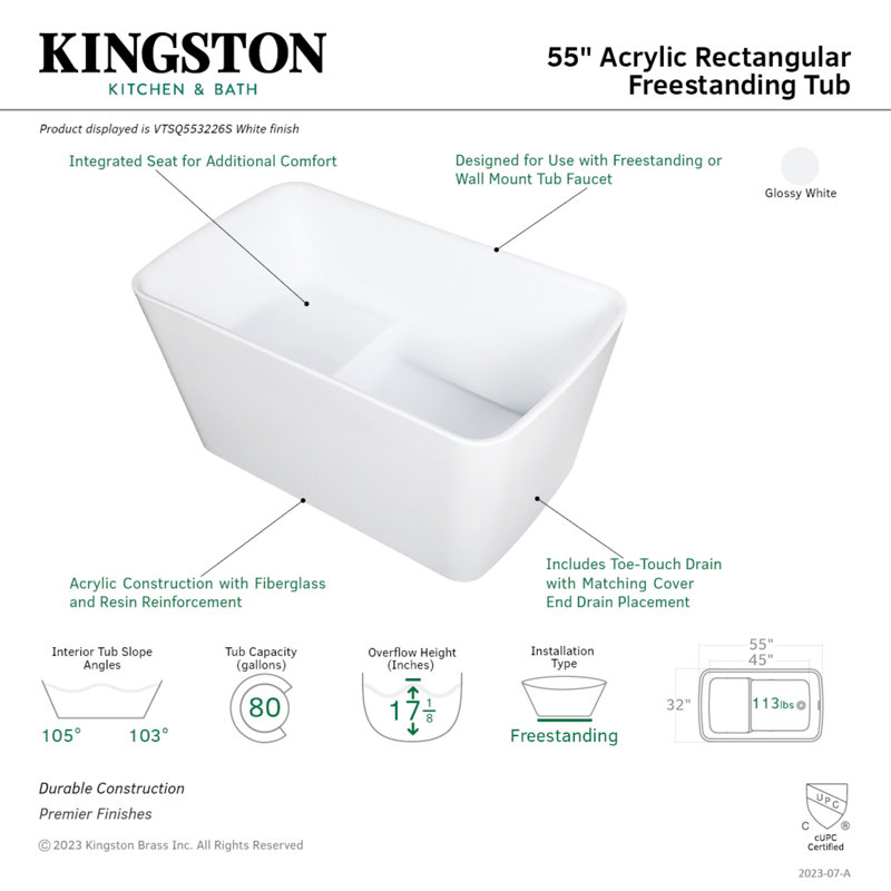 Glossy White 55" Acrylic Freestanding Tub with Integrated Seat