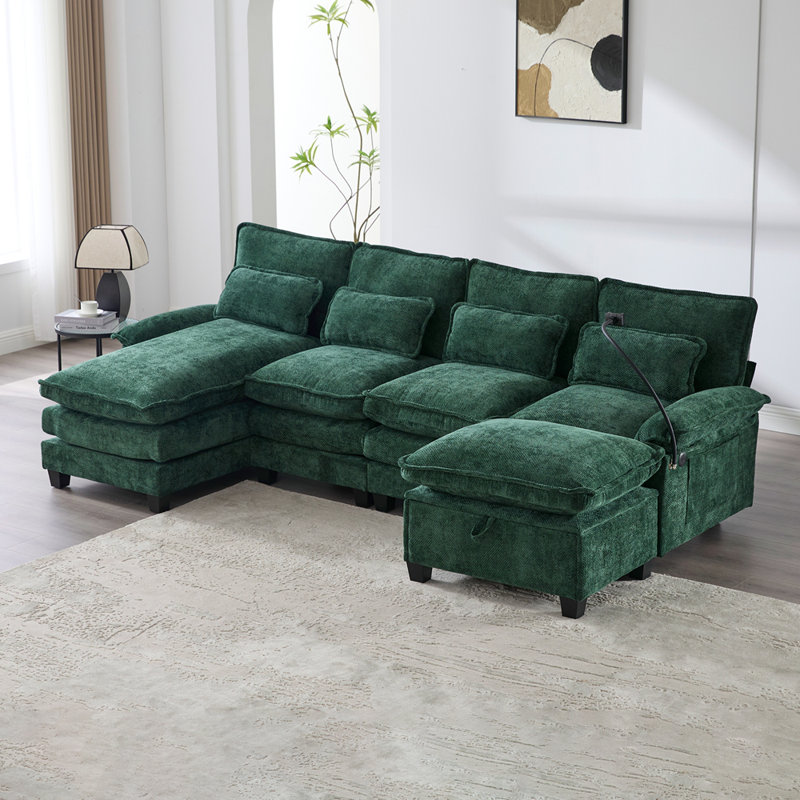 106" U Shape Sectional Sofa Cloud Couch with Chaise Lounge, Ottoman & Pillows, Emerald Chenille
