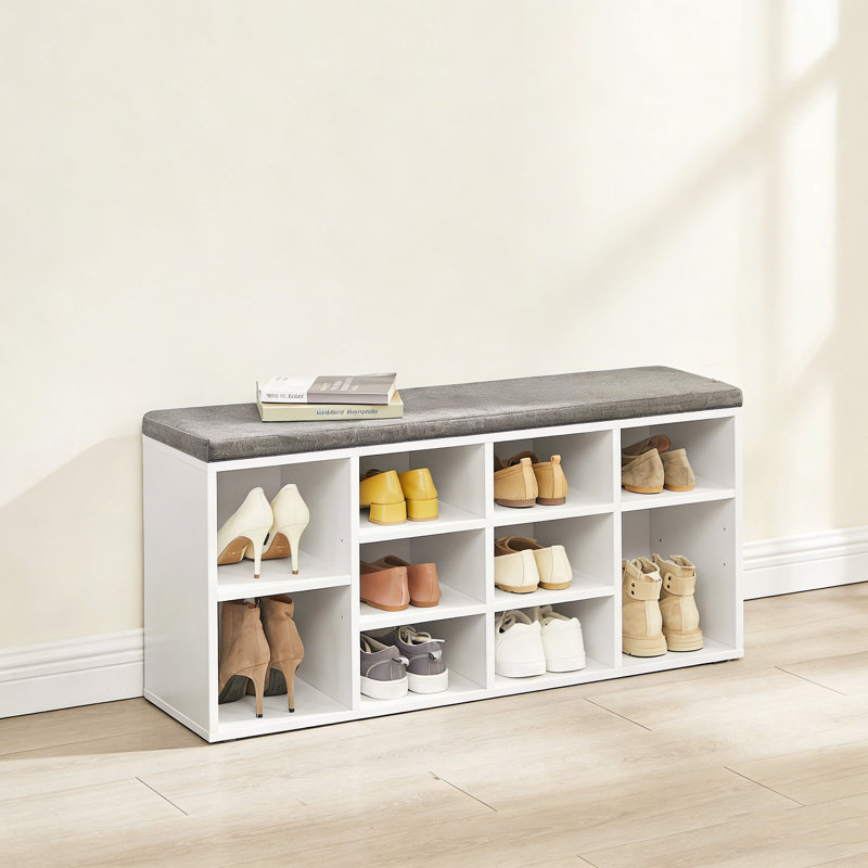 Banc d'entrée pour chaussures avec siège rembourré et 10 compartiments, Blanc / Gris