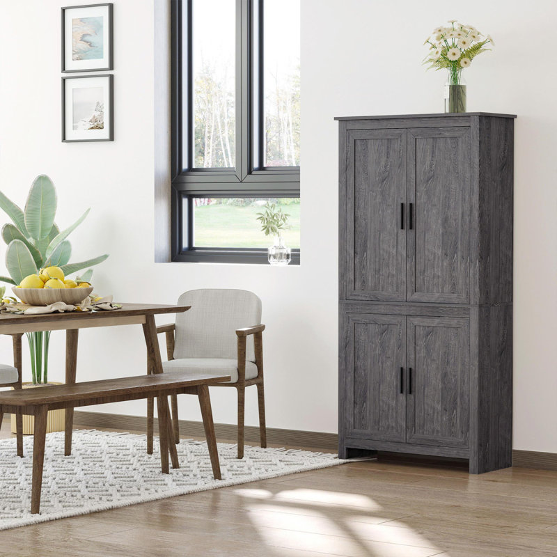 Armoire de rangement autoportante de 64 po à 4 portes avec 3 tablettes réglables, Blanc antique