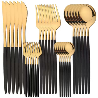 30pcs Stainless Steel Golden Black Cutlery Sets, Stainless Steel Golden Flatware Set - Mirror Polished Silveryware For Weddings