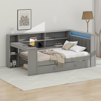 Twin Size Daybed With Trundle & Upholstered Headboard, Corner Bed With Desk, Bookcase & USB Ports, Wooden L-Shaped Daybed