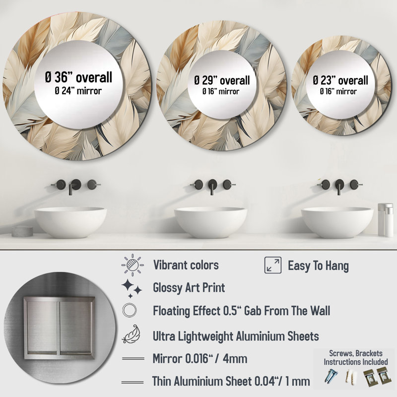 Feathery Plumes II - Feathers Round Mirror Wall Decor_MTMIR111807, 29" x 29"