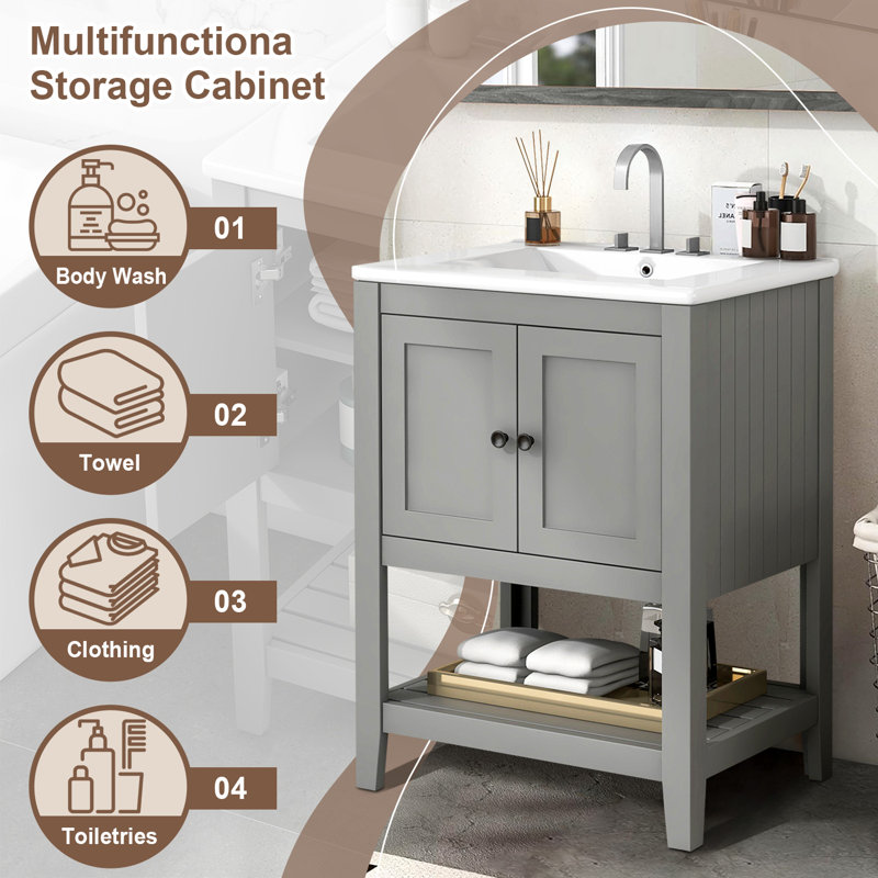 Modern Sleek Bathroom Vanity Elegant Ceramic Sink,with Open Style Shelf, Grey / Black
