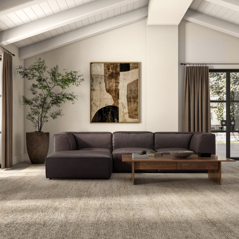 Form Astra 5 - Genuine Leather Modular Sectional with Ottoman, 26" H x 112" W x 102.5" D, Tan Genuine Leather