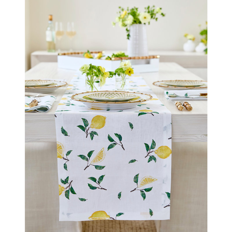 Botanical Lemon - 100% Pure Linen Table Runner, 48" x 14", Botanical Lemon/Off White