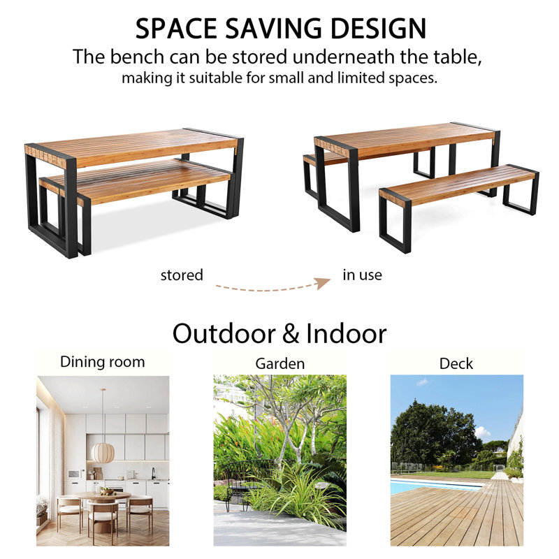 4-Person Solid Acacia Wood and Metal Rectangular Dining Set, 29.52" H x 71" W x 29.52" D