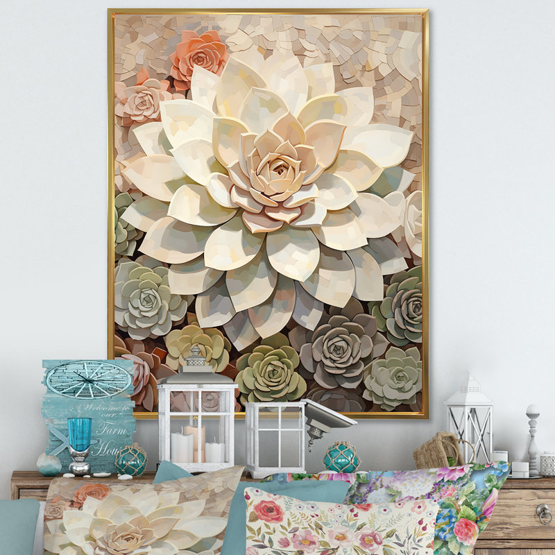 Beige succulent «Soft Bloom IV», art mural sur toile, H 32 po x l 24 po, Cadre flottant doré