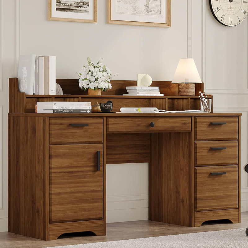 Bureau de direction avec huche, bureau d'ordinateur 58 pouces à 5 tiroirs, Brun
