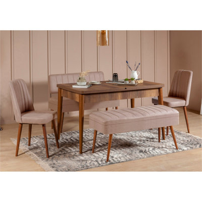 Extendable Dining Table & Chairs Set (5 Pieces), Walnut & Stone Color, 50.4 x 29.5 x 31.5 in | 100% Melamine Coated Particle Board | Includes 2 Velvet Chairs & Bench | Perfect for Modern Dining Rooms, Stylish & Functional Design