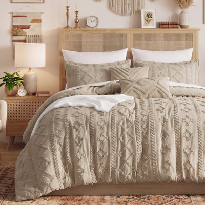 Bedsure King Tufted Boho Comforter Set - Beige Geometric Design, Farmhouse Embroidery, Soft 5-Piece Bedding Set, All Season