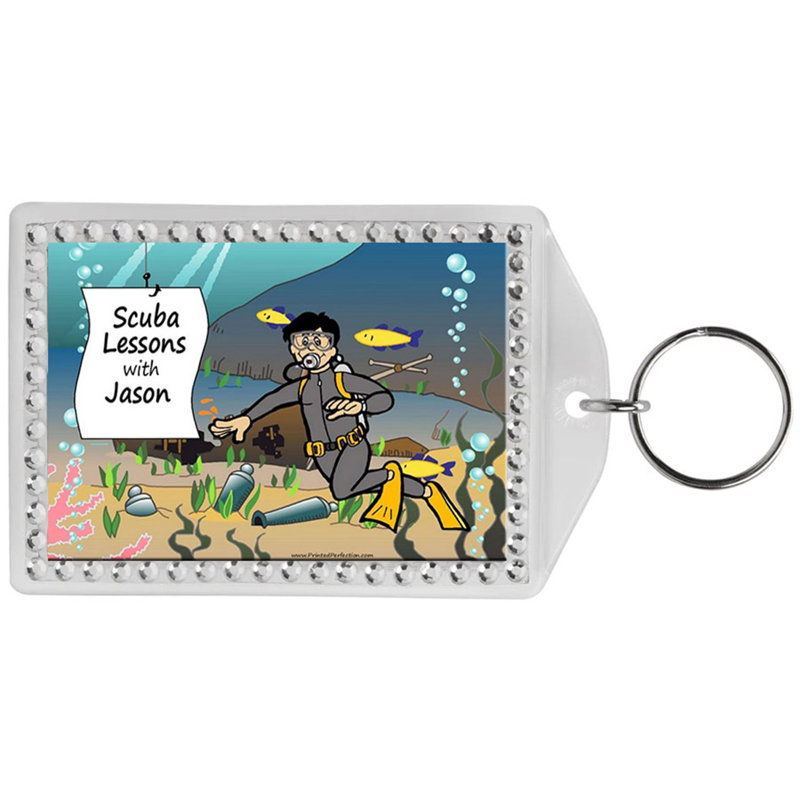 Personalized Name That Toon Scuba Diver - Male Rhinestone Bordered Key Chain, Oui