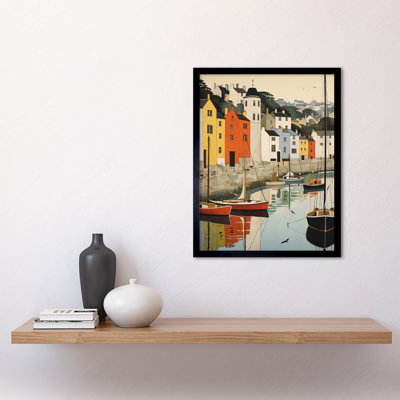 Dartmouth Harbour Boats Watercolour Devon Scenic Townscape 1 Piece Single Picture Frame Wall Art