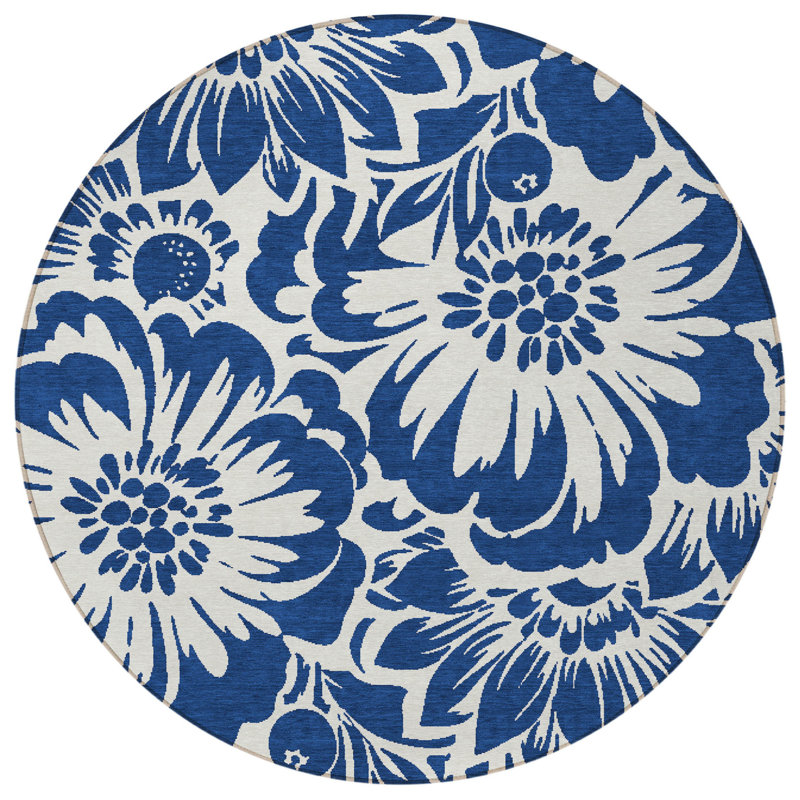 Tapis d'intérieur rond antidérapant rond 8 pi bleu marine et ivoire
