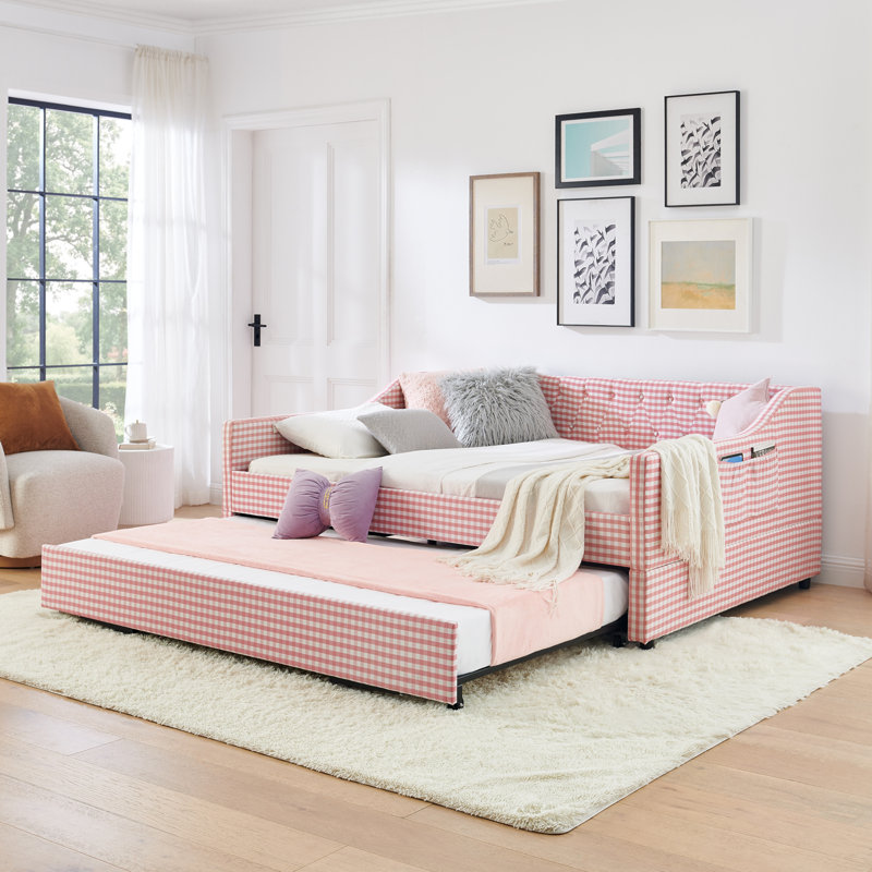 Full‑Size Daybed,Upholstered Convertible Daybed with Tufted Button Backrest, 3‑in‑1 Versatile Sofa Bed with Pull‑Out Trundle & Side Storage, Perfect for Compact Living