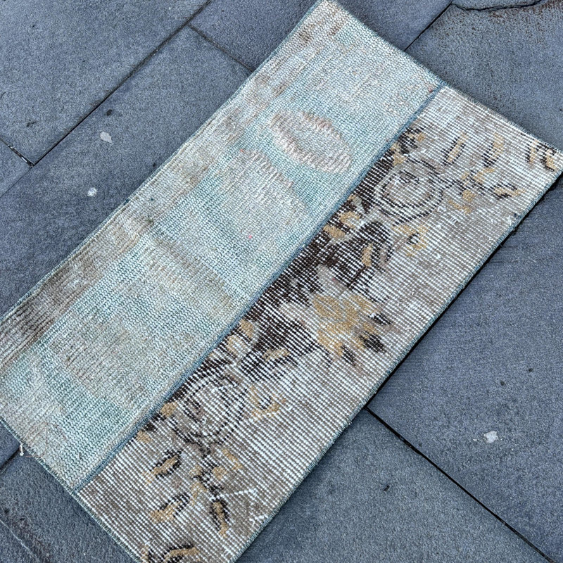 Tapis rétro en laine noué à la main beige Oushak pour vestibule - petit patchwork