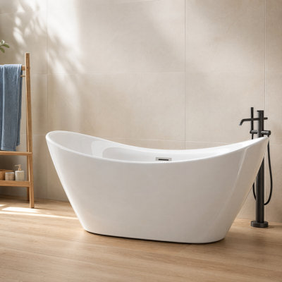59" Linear Rectangular Pedestal Gloss White Freestanding Soaker Tub, Double-Wall UV5 Anti-Yellowing 8-Layer Acrylic Bathtub, Full Chrome Overflow & Pop-Up Drain, CUPC & CE Certified for Minimalist Modern Bathrooms