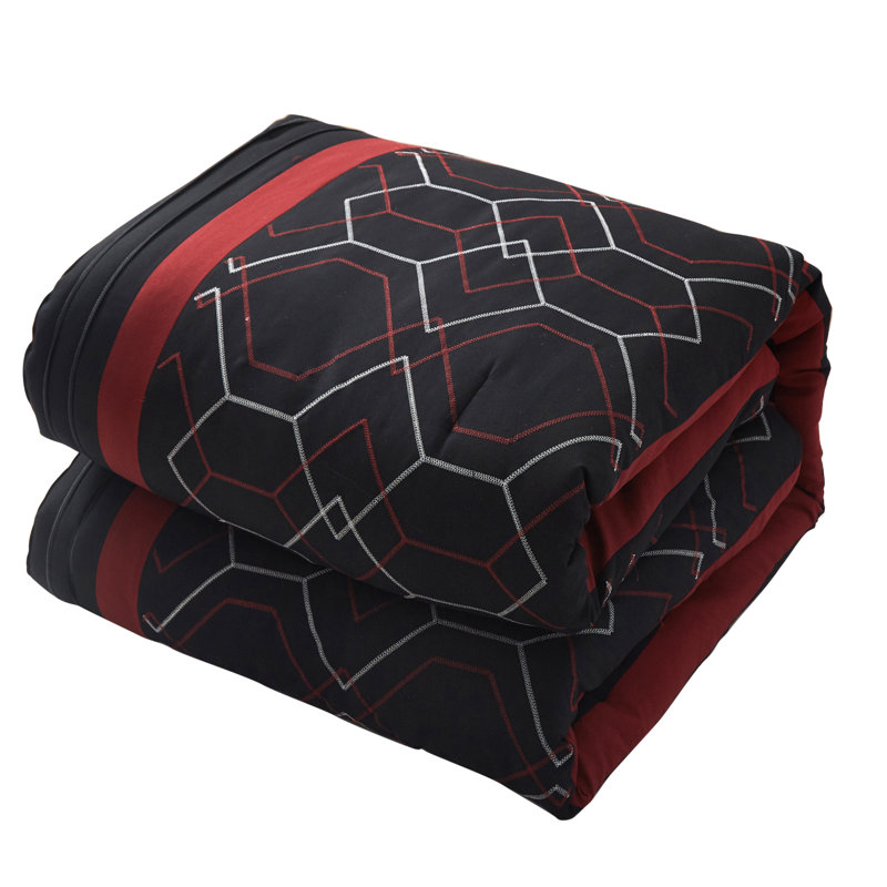 Queen Black and Red Microfiber Geometric Comforter Set