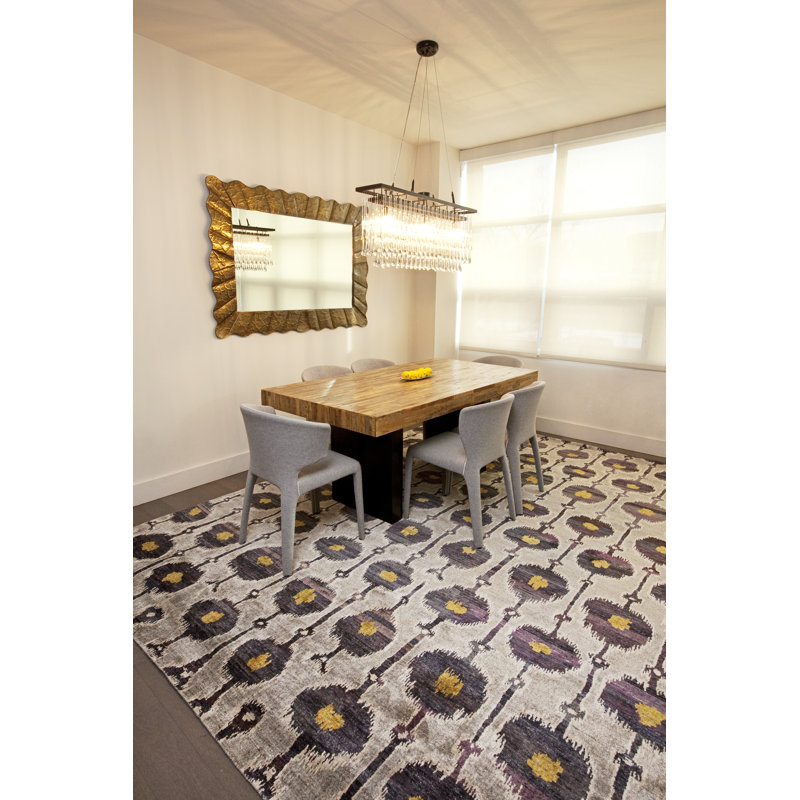 Rumi Ikat Hand-Knotted Silk Sunburst/Gray/Black Area Rug