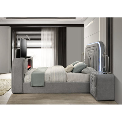 Gray Bed With Fireplace, Tv Lift Cabinet, Speaker - Headboard Led, Controlled Fireplace Lighting, 50 For King, 13 Pcs Slats, 2 Legs, 16 Color , Wood & Foam Material, 77"w X 81"d 59"h Internal Size