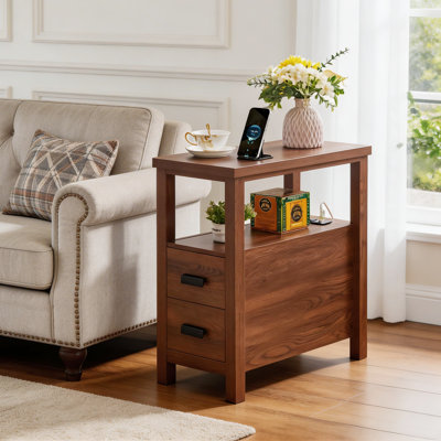 11.8" W Narrow Engineered Wood End Table with 2 Drawers and Built-in Outlets, Walnut