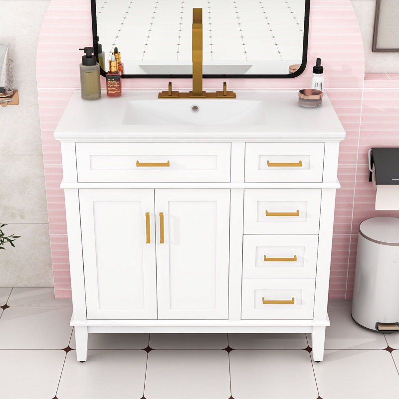Meuble-lavabo chic 36 po avec lavabo en céramique, armoire à fermeture douce et 4 tiroirs, Blanc