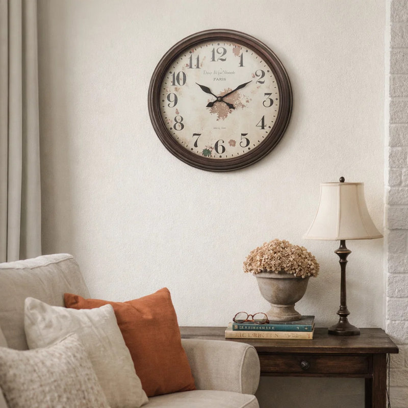 Horloge murale, cadre rond de 20 pouces brun antique, cadran en papier rétro