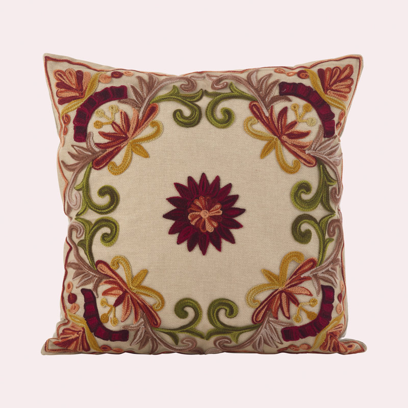 Kreutzer Embroidered Cotton Throw Pillow, Red/Green