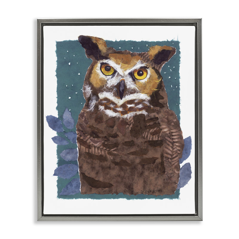 «Stern Owl», peinture sur toile flottante encadrée par Nancy Overton, H 31 po x l 25 po, Cadre flottant gris lustré