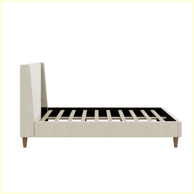 Lit plateforme tapissier moderne avec tête de lit à oreilles et pieds en bois de noyer