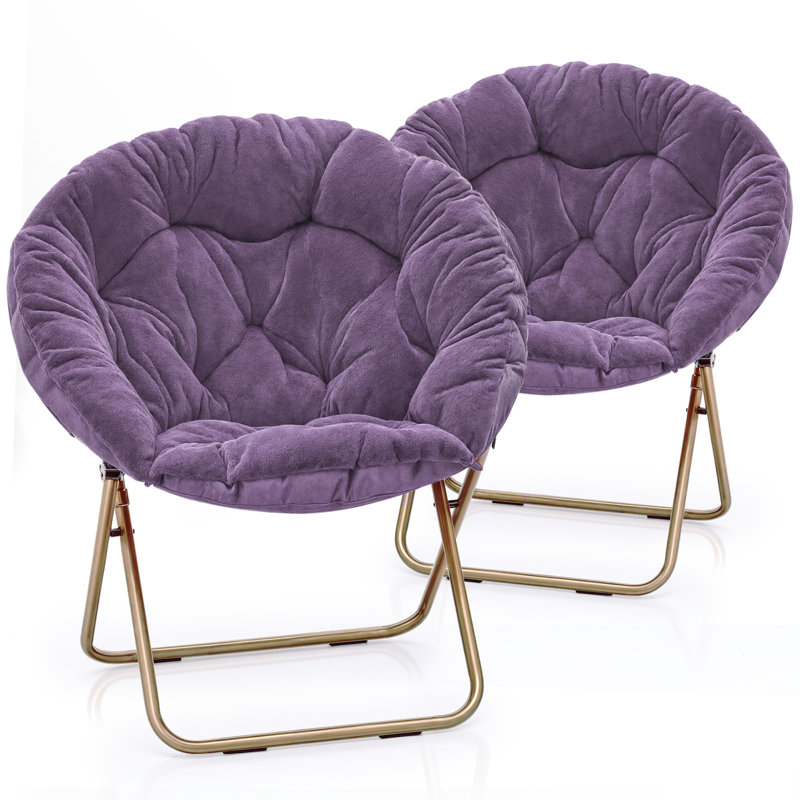Upholstered Round Saucer Chairs Lounge Chairs, Foldable Papasan Chairs Reading Chairs for Bedroom, Brown Synthetic Fur