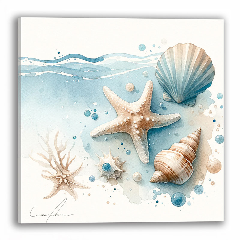 Art mural sur toile coquillage et étoile de mer côtière, décor de plage beige bleu doux, art mural côtier de salle de bain, œuvre d'art océan neutre