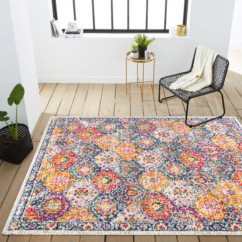 Motolal Modern Persian Boho Vintage Trellis Ivory/Navy/Multi Rug, Rectangle 4' x 6'