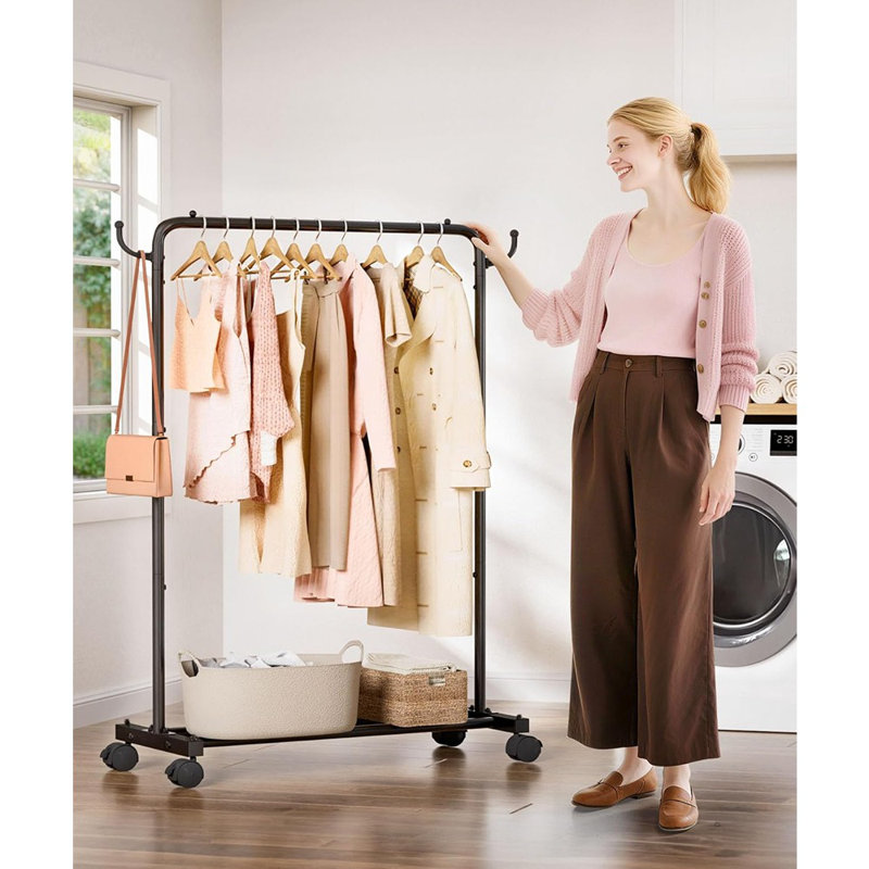Portant à vêtements roulant avec crochets - Noir - Organisateur de vêtements autoportant avec tringle et tablette de rangement inférieure