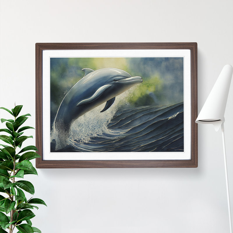 Watercolour Dolphin - Single Picture Frame Painting, 46cm H x 64cm W x 2cm D, Walnut