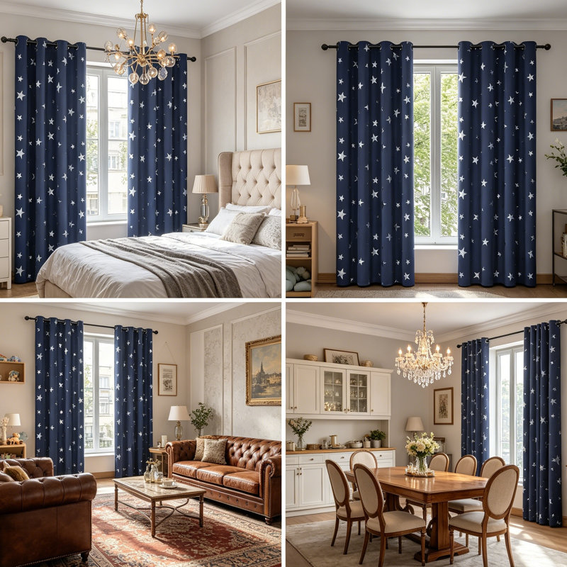 Navy Star Foil Blackout Curtains for Living Room 116x137 cm , 2 Panels